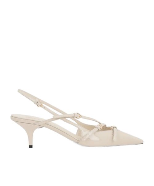 Buckled patent slingback pumps
