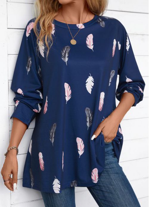 Modlily Navy Feathers Print Extra Long Sleeve Round Neck Blouse