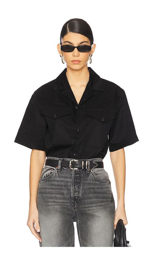 WAO Satin Western Short Sleeve Shirt in Olive - Brown. S also in