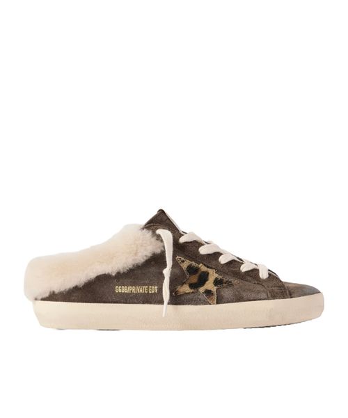 Super-Star Sabot shearling-lined calf hair-trimmed distressed suede slip-on sneakers