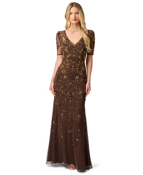 Petite Sequin V-Neck Gown - Chocolate