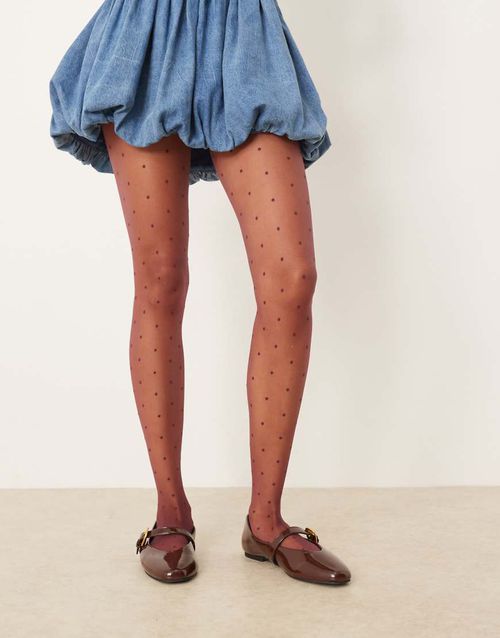Mini dot pattern tights in burgundy-Red