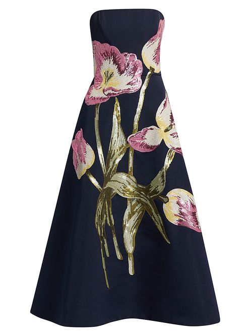 Women's Sequin Floral Strapless Cocktail Dress - Navy