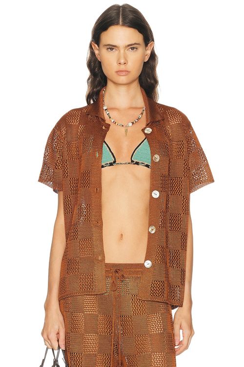 Calle Del Mar Checkers Short Sleeve Shirt in Suede - Brown. L also in M