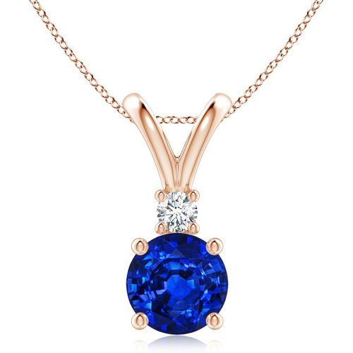 Angara 1.6 Carats Round Blue Sapphire Solitaire V-Bale Pendant with Diamond in 14K Rose Gold