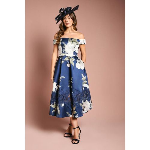 Coast Women's Printed Bardot Twill Midi Dress With Lace Insert in Navy
