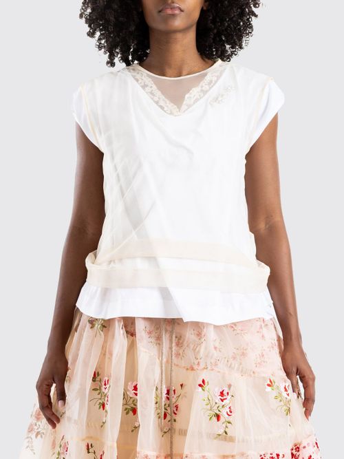 Cotton T-shirt with Embroidered Tulle Inserts and Crystals