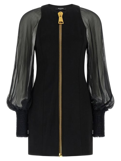 Gold Zip Semi-Transparent Muslin Dress — Black