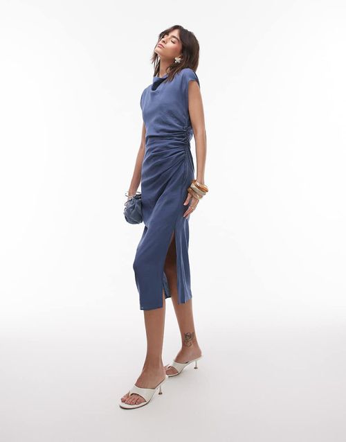 Mango cap sleeve midi dress with ruched side in petrol blue
