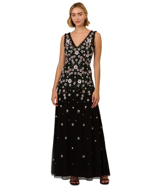 Petite Floral Beaded Mesh Long Ball Gown - Black Multi