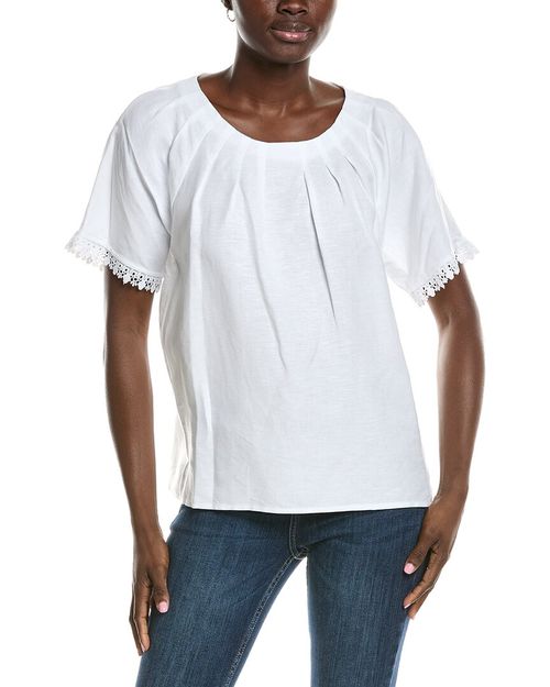 Pleated Neck Raglan Linen-Blend Blouse