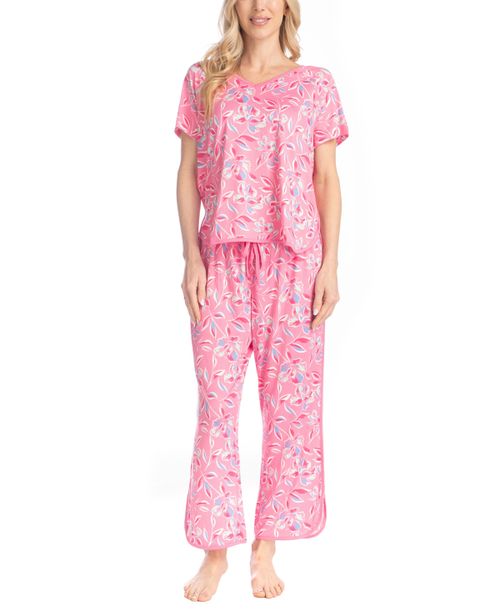 Women's Artistic Garden V-Neck Top and Ankle Pants - Pink Floral