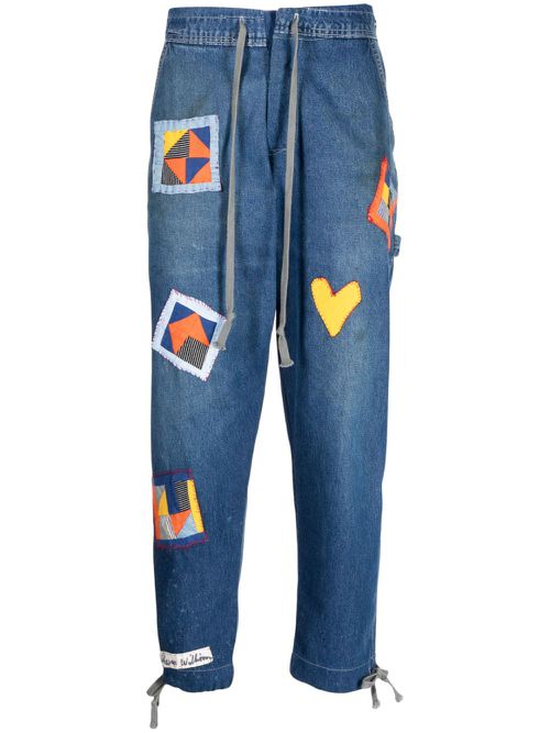 Patch-detail drawstring jeans - Blue
