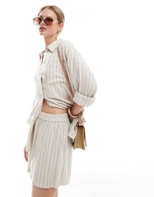 Pieces linen touch short co-ord in birch cream and black stripe