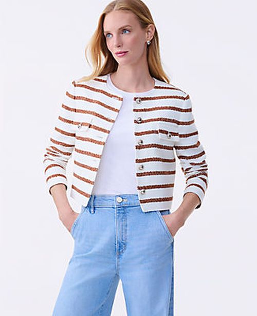 Ann Taylor The Petite Crew Neck Jacket in Striped Tweed