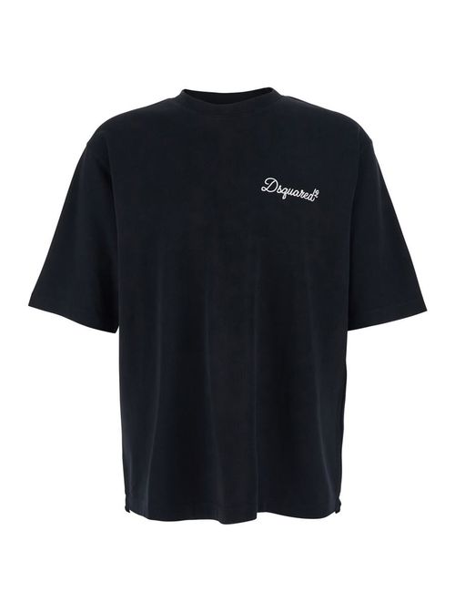 Black T-Shirt With Embroidered Logo On The Chest In Cotton Man