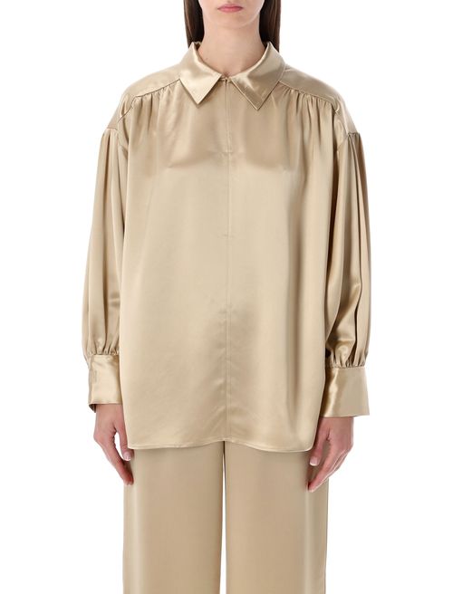 Oversized Satin Blouse with V-Neck and Buttoned Cuffs