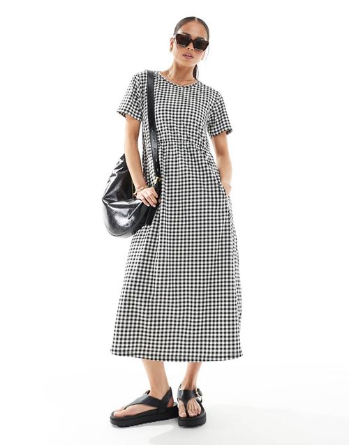 Threadbare short sleeve jersey midi dress with pockets in black and white gingham-Multi