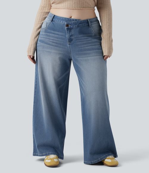 Plus Size Flex™ Asymmetric Low Rise Wide Leg Washed Casual Jeans with Pockets  - Blue Surf Denim