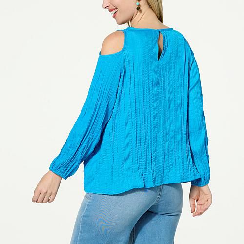 Crinkled Woven Cold-Shoulder Blouse - Lakeside Blue