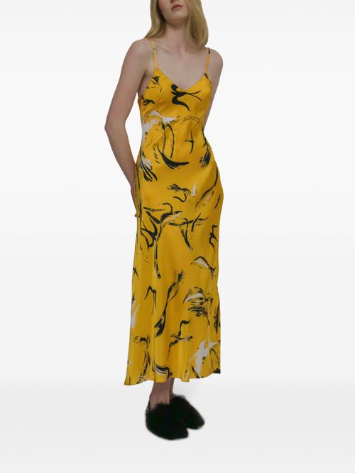 Painted Birds-print slip dress - Yellow