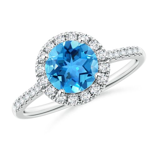 Angara 1.55 Carats Round Swiss Blue Topaz Halo Ring with Diamond Accents in Platinum