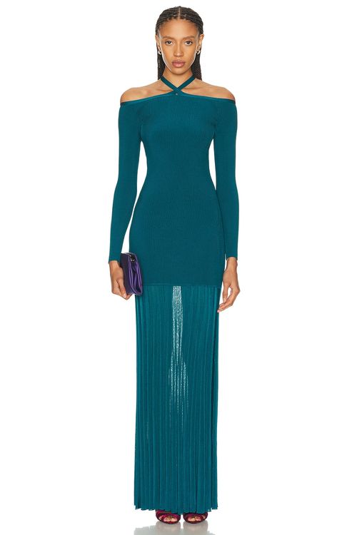 Christopher John Rogers Off-The-Shoulder Long Sleeve Knit Gown in Tourmaline - Teal. M also in L
