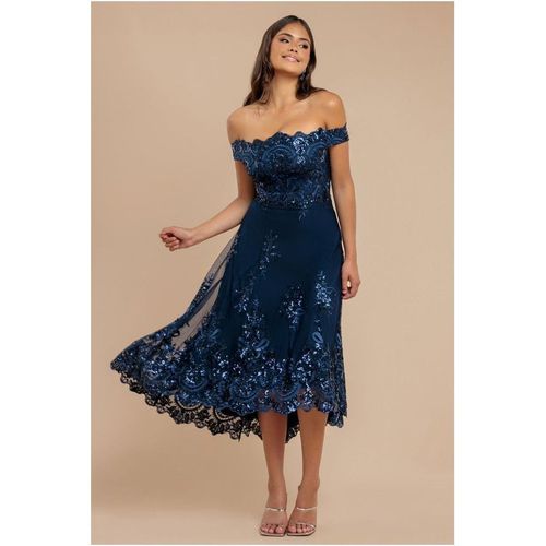 Goddiva Bardot Sequin & Lace High Low Midi - Navy