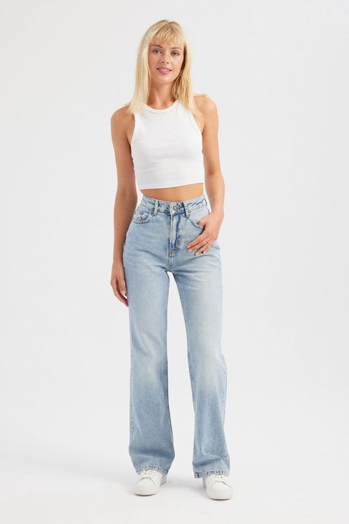 Light Blue Denim High Waist Straight Leg Jeans Women