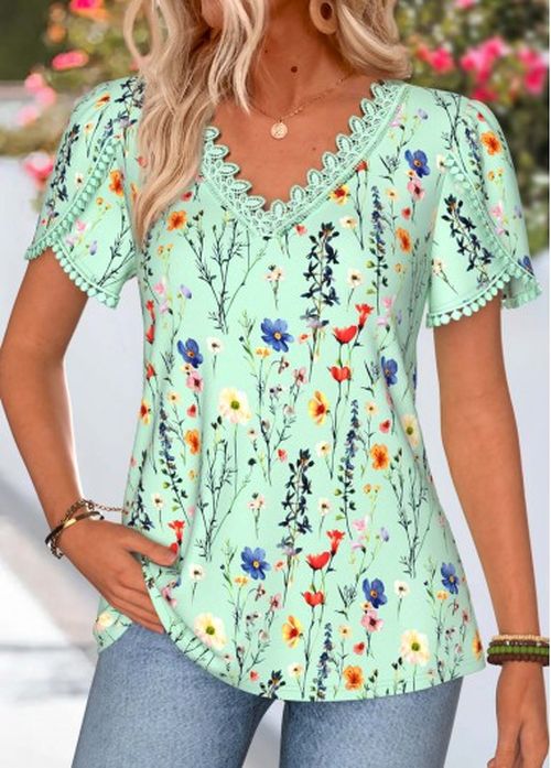Modlily Green Floral Print Tummy Coverage Short Sleeve T Shirt