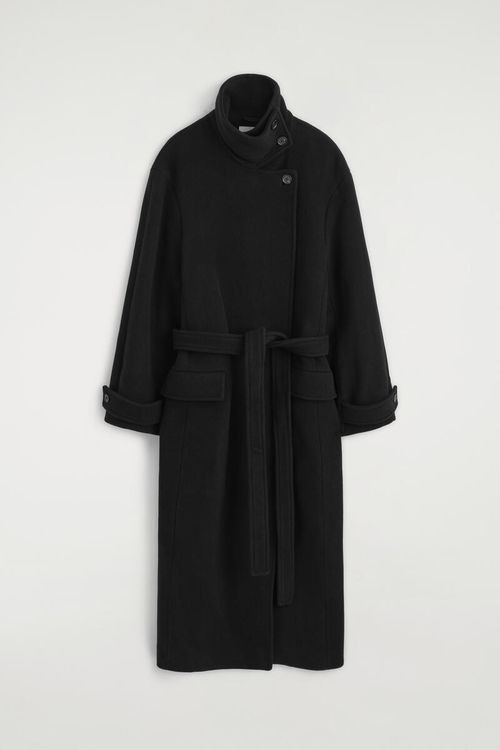 Belted Wool-Blend Mock-Neck Coat