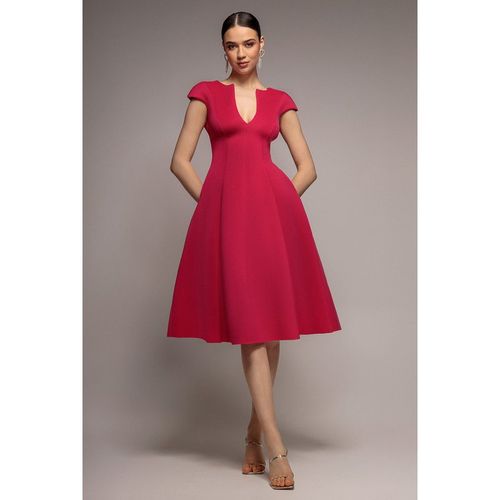 Goddiva Cap Sleeve Plunging V-Neckline A-line Midi Dress - Magenta