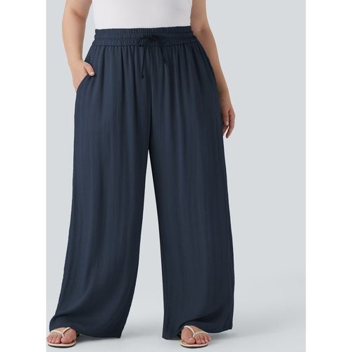 Halara High Waisted Drawstring Linen-Feel Wide Leg Casual Plus Trousers with Pockets - Dark Blue - 3Xpetite
