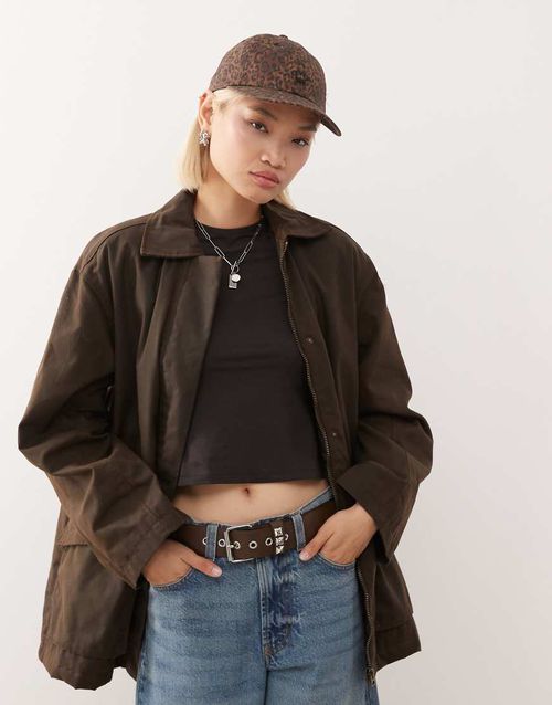 Oversized wax barn jacket in dark brown