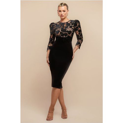 Goddiva Scalloped Crochet & Velvet Midi Dress - Black