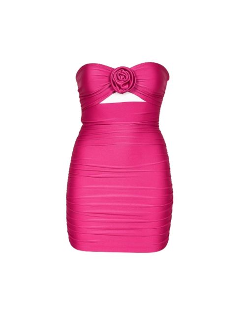 Rose-Appliqué Ruched Mini Dress — Pink