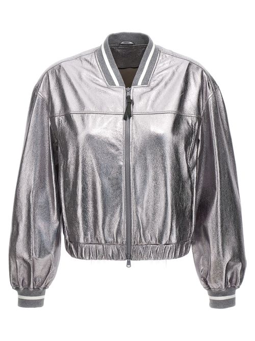 Laminated Leather Bomber Jacket — Silver