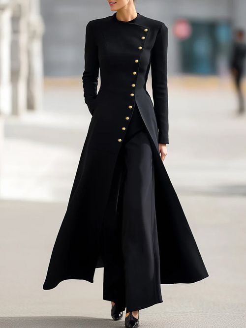 Elegant Long Blazer And Trousers Set - Black