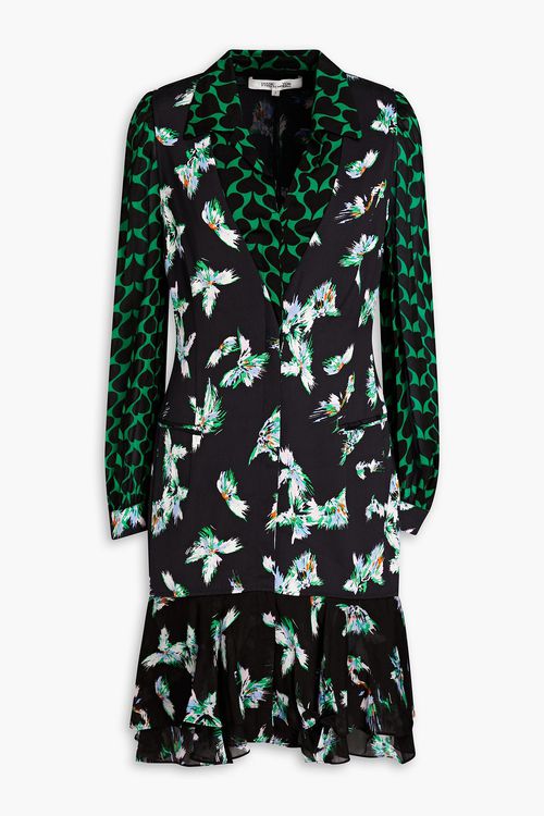 Diane von Furstenberg - Luciano mehrlagiges Minikleid aus Cady und Georgette mit Print - Schwarz - US 2