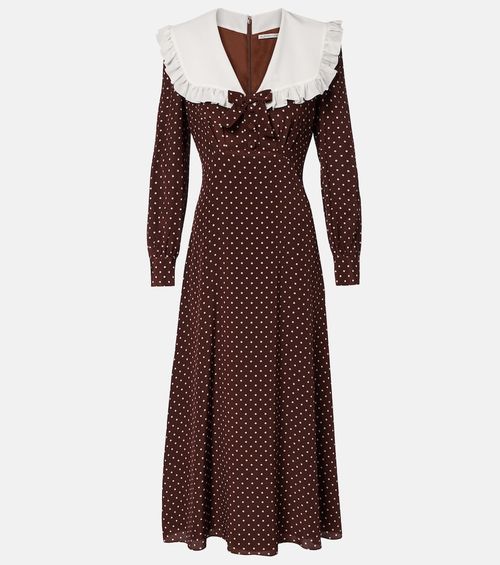 Polka-dot ruffled silk midi dress