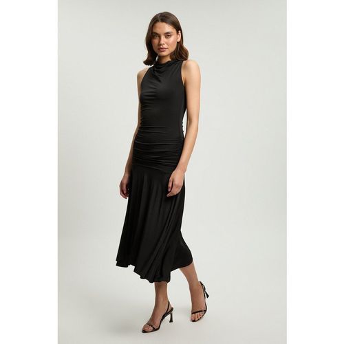 Karen Millen Womens Stretch Drapey Crepe Ruched Hanky Hem Midi Dress - Black - Sma