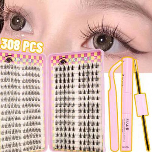 308pcs Eyelash Cluster Kit, Natural Eyelash Kit With Eyelash Bonding And Sealing Fluffy Cluster Eyelashes, DIY Eyelashes Extend The Soft Natural Appea