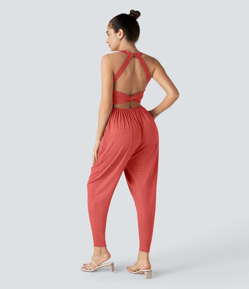U Neck Pocket Harem Casual Jumpsuit-Easy Peezy Edition  - Poinsettia Floral Yarn