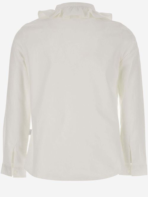 Stretch Cotton with Ruffle Trim Shirt — White