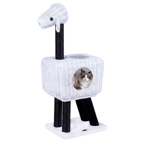 Cat Tree 110cm Lamb-Shaped Cat Tower with 2-Door Rattan Condo Sisal Scratching Posts-White