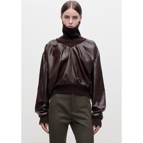 Victoria Beckham Knitted Collar Leather Top In Burgundy - L - Women