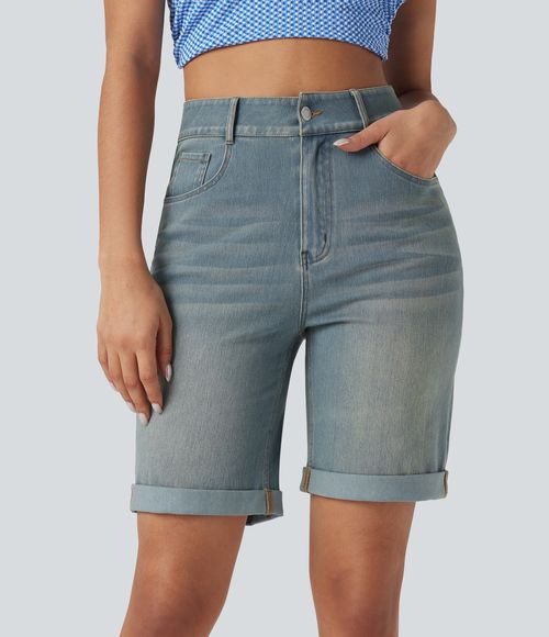 Flex™ High Waisted Pockets Rolled Hem Washed Denim Casual Bermuda Shorts  - Blue Surf Denim