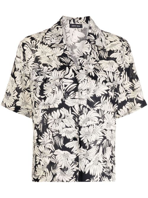 Floral-print linen shirt - Black
