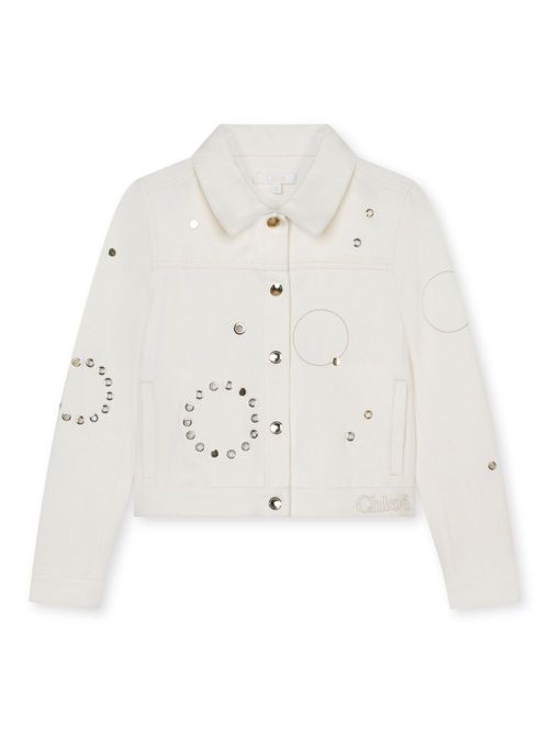 Eyelet-embellished denim shirt jacket - White