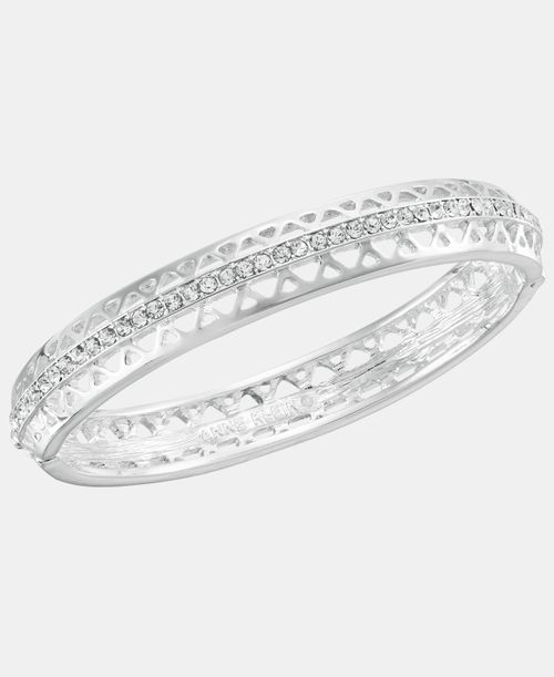 Silver-Tone Boxed Crystal Mesh Stone Open Hinge Bracelet - White